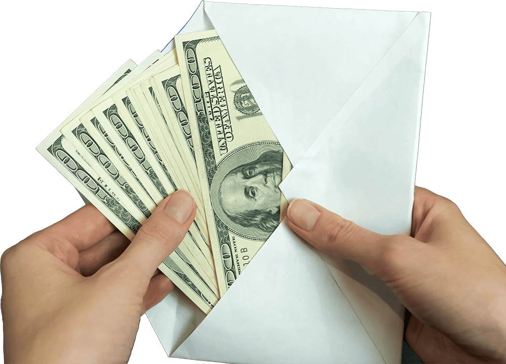 A person holding an open white envelope filled with several U.S. one hundred dollar bills, with both hands visible against a plain background.